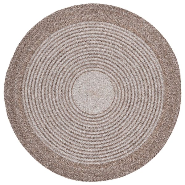 Braided 5 ft. x 5 ft. Taupe Border Striped Gradient Round Area Rug