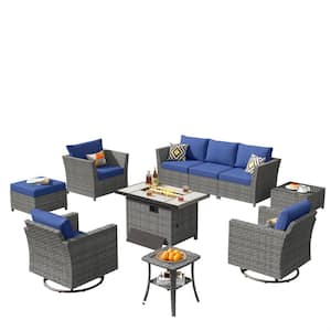 Bexley Gray 10-Piece Wicker Rectangle Fire Pit Patio Conversation Set with Navy Blue Cushions and Swivel Chairs