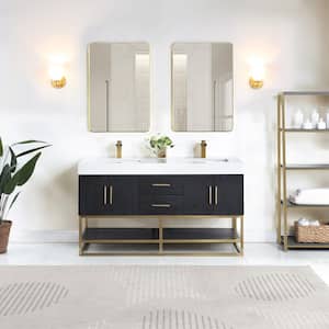 Bianco 60 in. W x 22 in. D x 34 in. H Double Sink Bath Vanity in Black Oak with White Composite Stone Top and Mirror