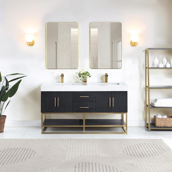 Altair Bianco 60 in. W x 22 in. D x 34 in. H Double Sink Bath Vanity in Black Oak with White Composite Stone Top and Mirror