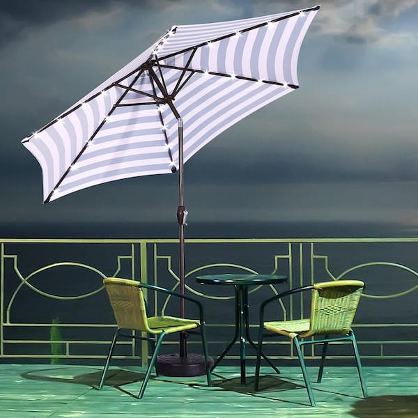 Unbranded Outdoor Patio 8.7-Feet Market Table Umbrella with Push Button Tilt and Crank, Blue White Stripes with 24 LED Lights