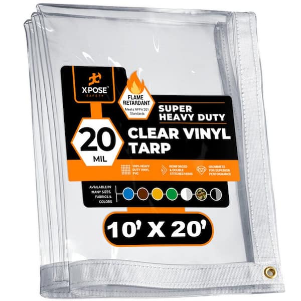 XPOSE SAFETY 10 ft. W x 20 ft. L Clear Vinyl Tarp Heavy Duty 20 Mil Transparent Fire Retardant PVC Tarpaulin with Brass Grommets