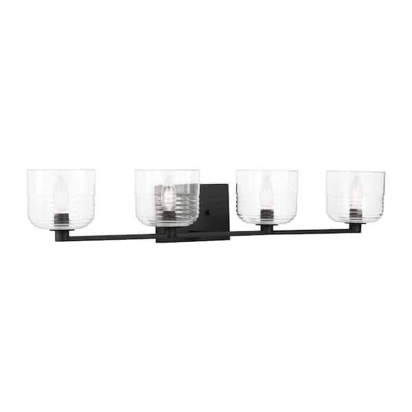 Lochdale Extra Large 33.625 in. 4-Light Midnight Black Vanity Light with Clear Ribbed Glass Shades