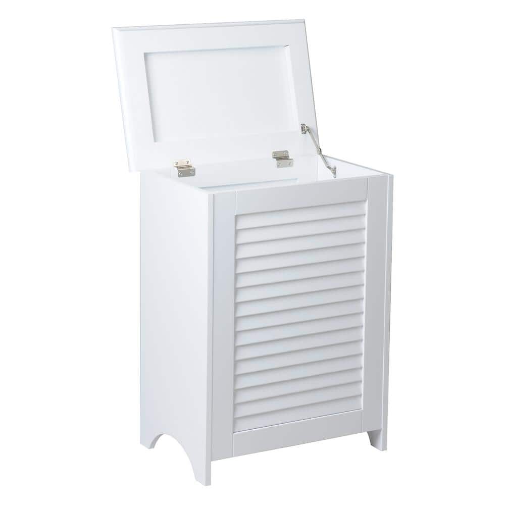 White Wooden Louvered Upright Laundry Hamper with Lid