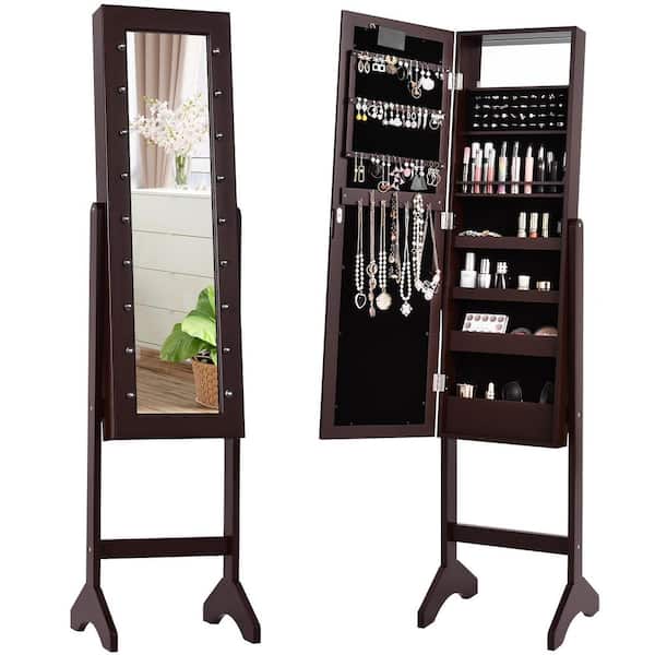 14 in. x 57 in. Brown MDF Freestanding Jewelry Armoire Box Storage Organizer with Mirror and LED Lights
