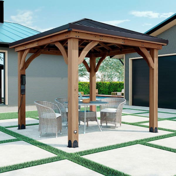 Barrington 10 ft. x 10 ft. Light Brown Cedar Wood Outdoor Patio Gazebo with Hardtop Galvanized Steel Hip Roof, PowerPort