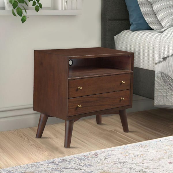 Benjara Walnut 2-Drawer Brown Mahogany Wood Nightstand with Open Cubby (15 in. D x 28 in. W x 26 in. H)