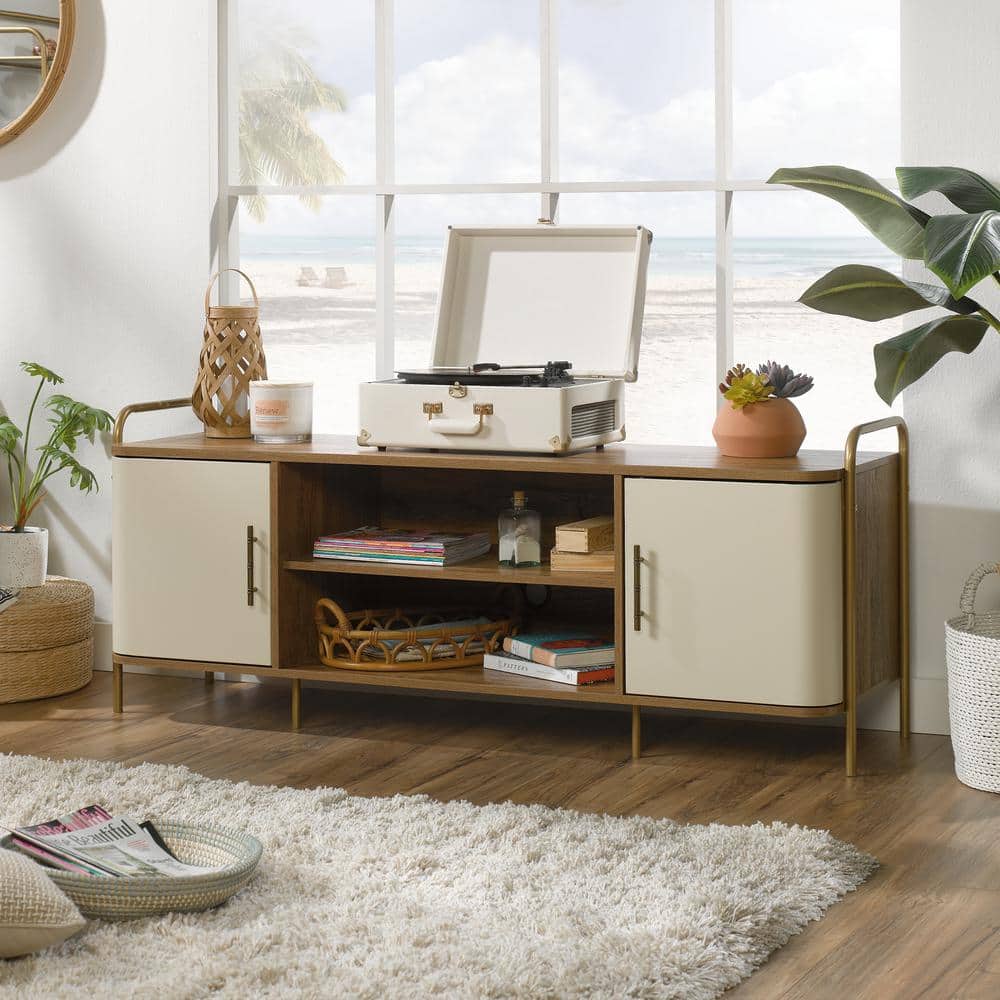 Sindoori Mango and Ivory Mid-Century Modern TV Stand with Cabinet