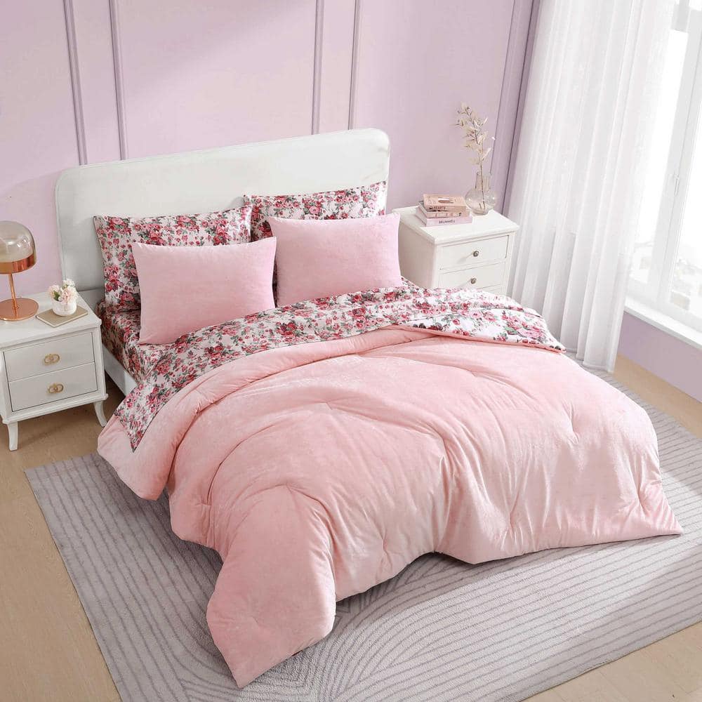 Twin Pink Velvet Reversible Comforter Set with Floral Design