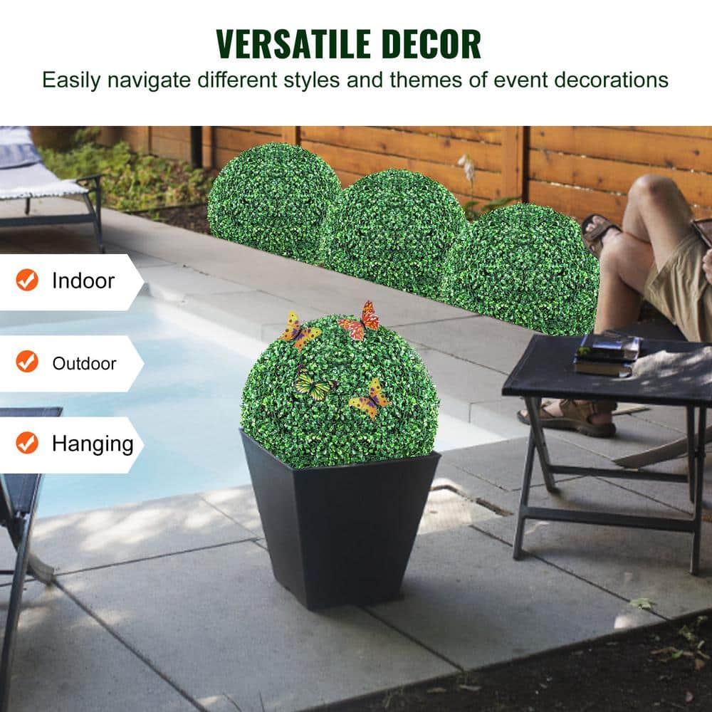 Green Artificial Boxwood Topiary Balls with Butterflies, 16-inch, Set of 2