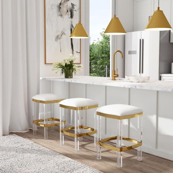 Jordan 24 in. Seat Height White Faux Leather and Acrylic Backless Counter Stool