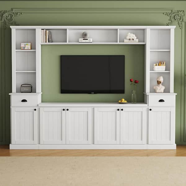 103 in. White TV Stand Fits TVs Up to 75 in. with Adjustable Shelves, 2 Drawers, Bookcase and Wine Rack