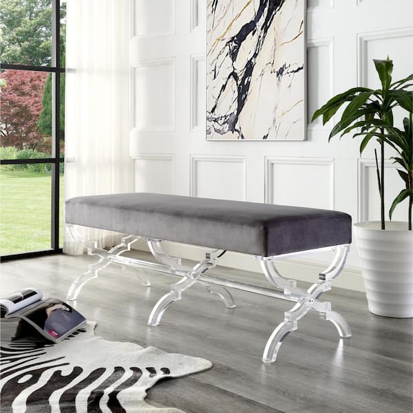 Inspired Home Reida Grey Bench With Upholstered Velvet 18 in. x 18 in. x 48 in.