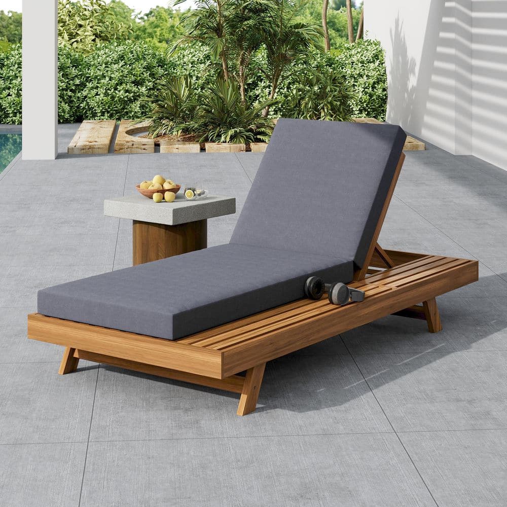 Acacia Wood Outdoor Lounge Chair with a Dark Gray Seat Cushion, 3