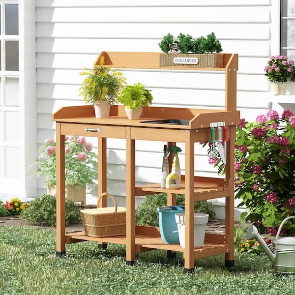 3 Tier Rack Stand Flower Plant Pot Work Station Accessories Wood Potting Table 