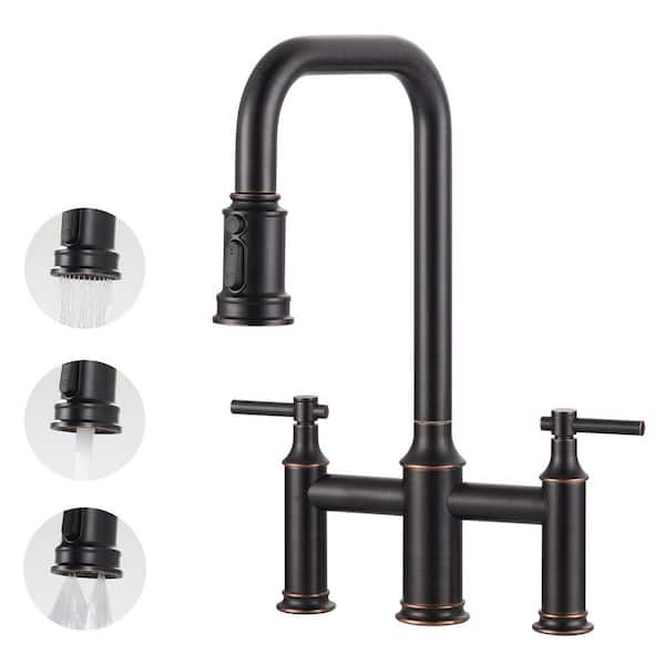 ARCORA Double Handle Bridge Kitchen Faucet with Pull-Down Spray Head, Deck Mount Kitchen Sink Faucet in Oil Rubbed Bronze