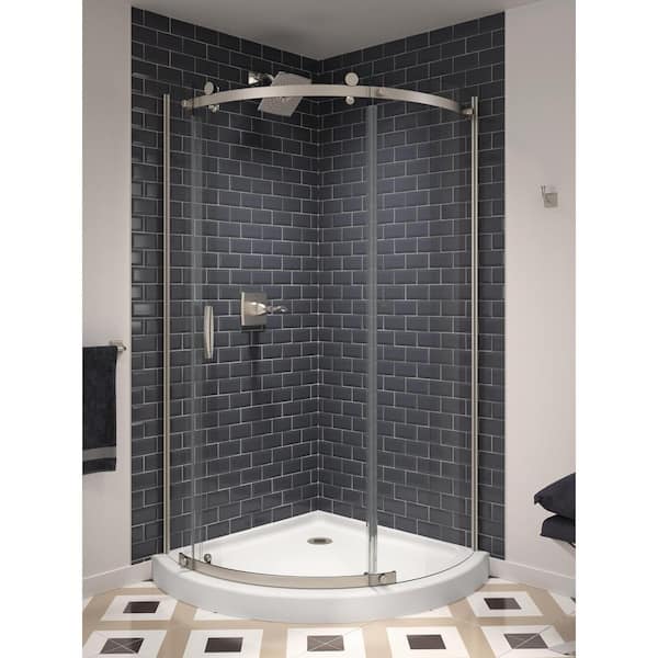 Delta Classic 38 In W X 72 H Round Sliding Frameless Corner Shower Enclosure Stainless Steel B911917 3838 Ss - How To Tile Bathroom Shower Corners