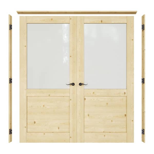 72 in. x 80 in. 1/2-Lite Frosted Glass Universal Solid Core Unfinished Pine Wood Double Prehung French Door+ Pine Jamb