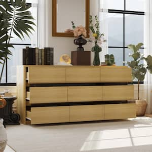 Wooden Grain and Black 9-Drawers 63 in. W Wooden Dresser without Mirror, Chest of Drawers, Storage Sideboard