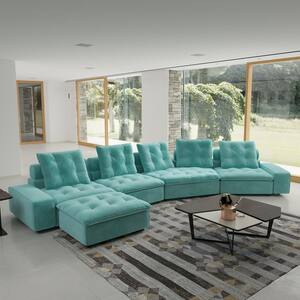 185.1 in Wide Square Arm Velvet L-Shaped Sofa Couch with Removable Ottoman in. Blue