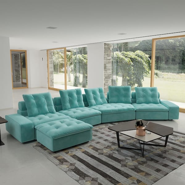 J&E Home 185.1 in Wide Square Arm Velvet L-Shaped Sofa Couch with Removable Ottoman in. Blue