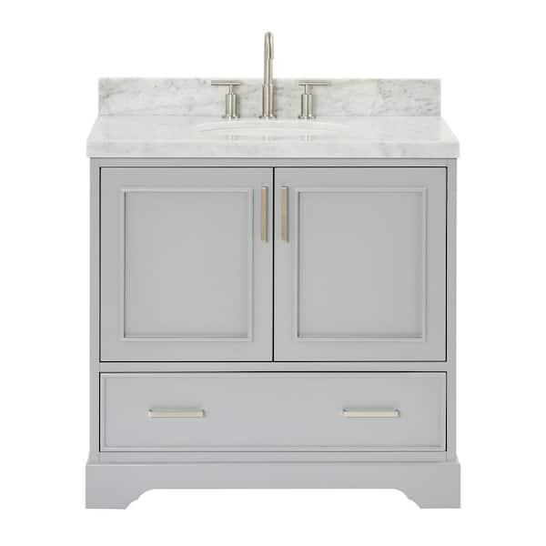 Stafford 36 in. W x 22 in. D x 36 in. H Single Sink Freestanding Bath Vanity in Gray with Carrara White Marble Top