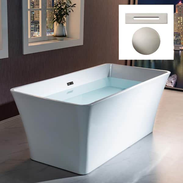 WOODBRIDGE Bourne 59 in. Acrylic Freestanding Flat Bottom Double Ended Soaking Bathtub with BN Drain and Overflow Included in White