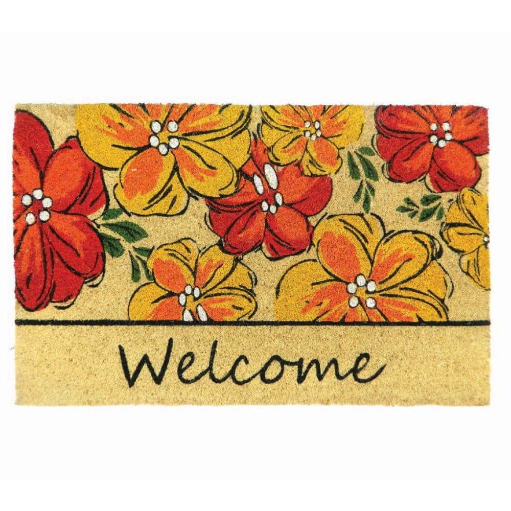 Welcome Floral Natural 18 in. W x 30 in. L Coir Non-Slip Outdoor Door Mat