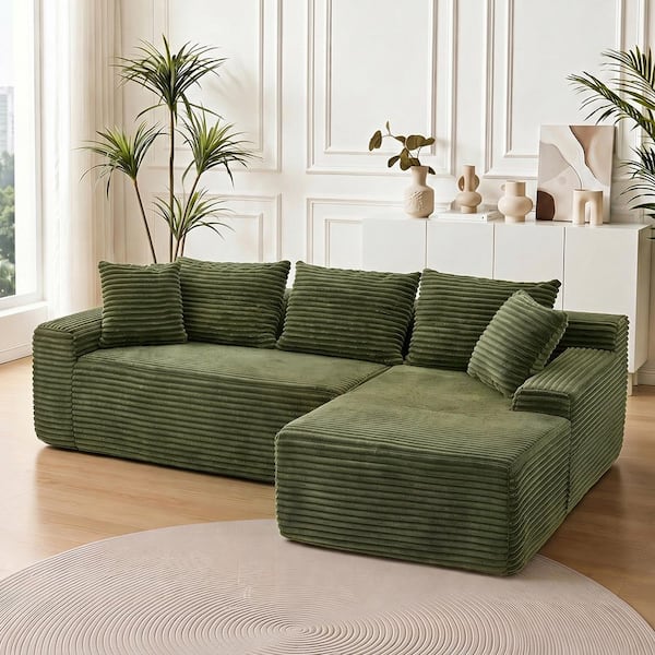Bexyn Modern 95 in. Corduroy Upholstered L-Shaped Boneless Compressed Modular Sectional Sofa in Green with Pillows
