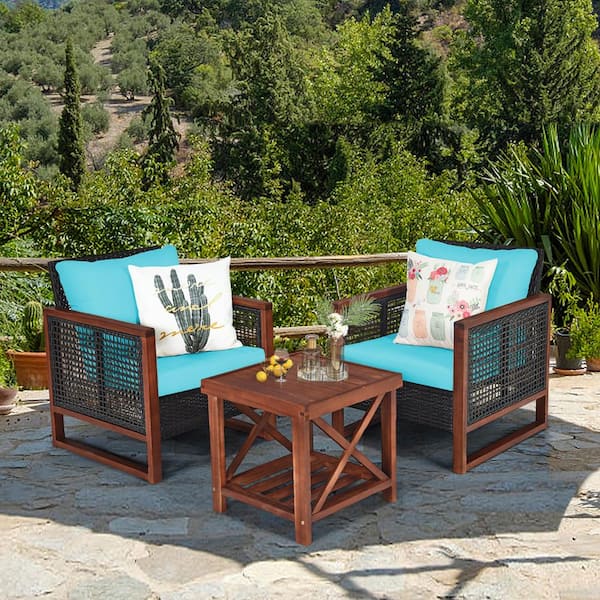 Outdoor 3 Pieces Acacia Wood And Rattan Patio Furniture Set with Coffee Table And Turquoise Cushions