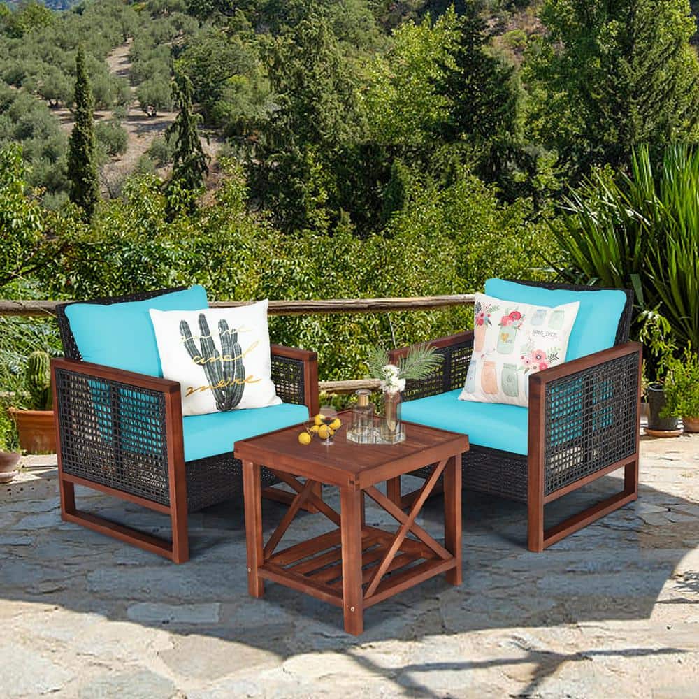Outdoor 3 Pieces Acacia Wood And Rattan Patio Furniture Set with Coffee Tab
