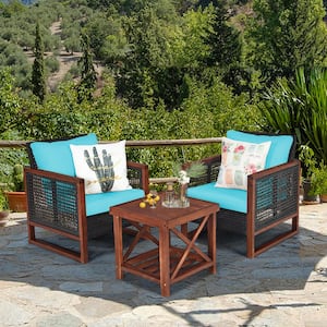 Outdoor 3 Pieces Acacia Wood And Rattan Patio Furniture Set with Coffee Table And Turquoise Cushions