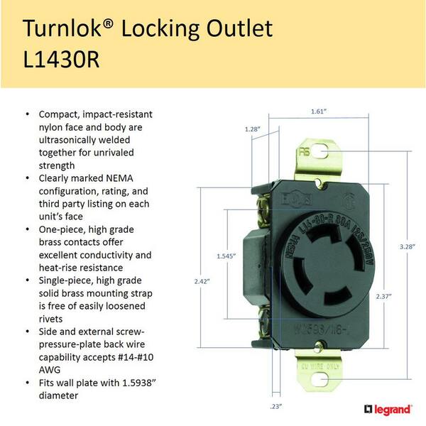 Legrand-Pass /& Seymour L630RCCV3 Industrial Specification Grade Turn Lock Receptacle 30-Amp 125-volt Two Pole 3 Wire
