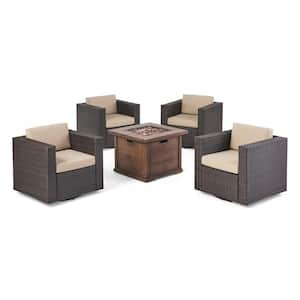 Achton Dark Brown 5-Piece Metal Patio Fire Pit Seating Set with Beige Cushions