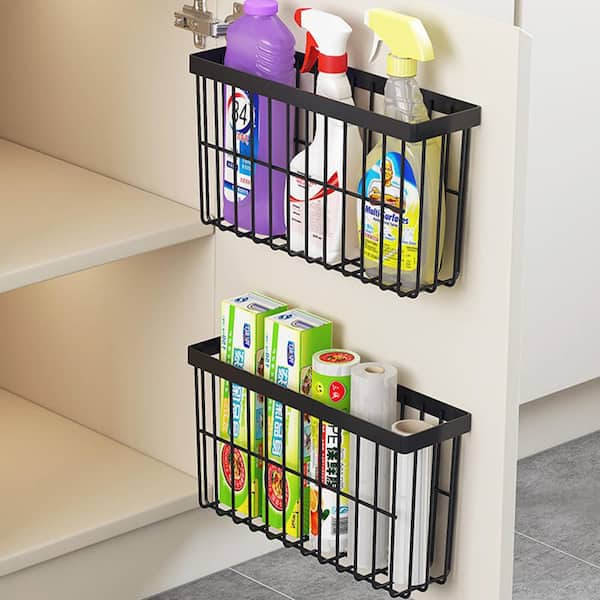 2-Piece Black Iron Self Adhesive Wall Mounted Storage Boxes for Kitchen, Wardrobe, Bathroom, Refrigerator