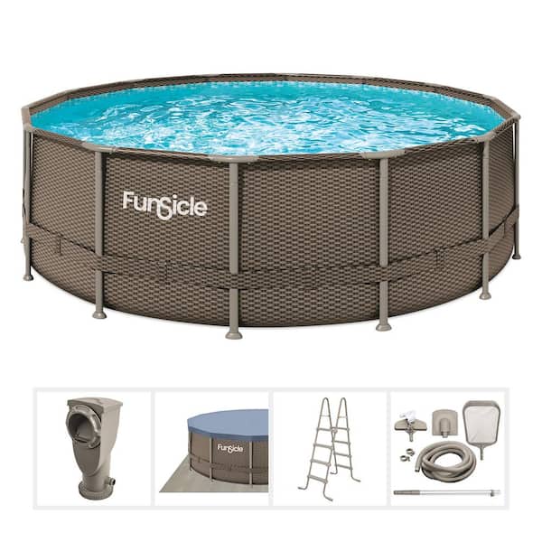 Funsicle Oasis Designer 14 ft. Round 48 in. Deep Metal Frame Above Ground Pool with Pump, Dark Double Rattan
