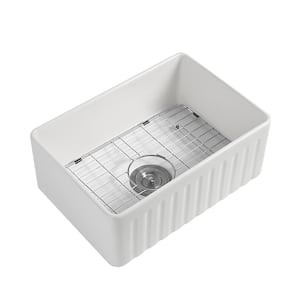 30 in. Farmhouse Apron-Front Kitchen Sink White Single Bowl Fireclay Kitchen Sink, Bottom Grid and Strainer Included