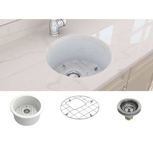 Sotto Undermount Fireclay 18.5 in. Single Bowl Round Kitchen Sink with Bottom Grid and Strainer in White