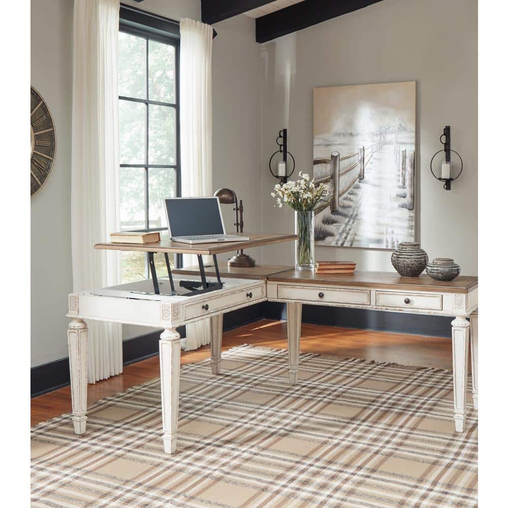 Rustic White & Brown Home Office Desk with Power Outlets and USB Ports