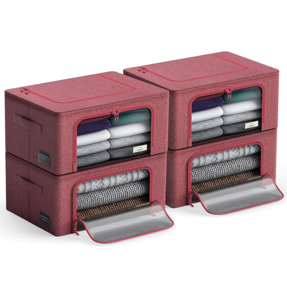 Storage Bins, Organizers with Metal Frame, Handles, and Window, Pink 15.75 in. x 8 in. Fabric Decorative Box Set of 4