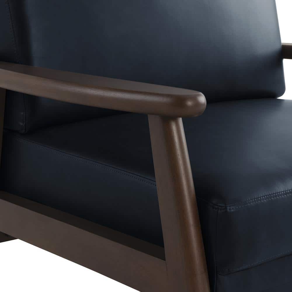 Navy Blue Faux Leather Barrel Accent Chair with Wood Frame