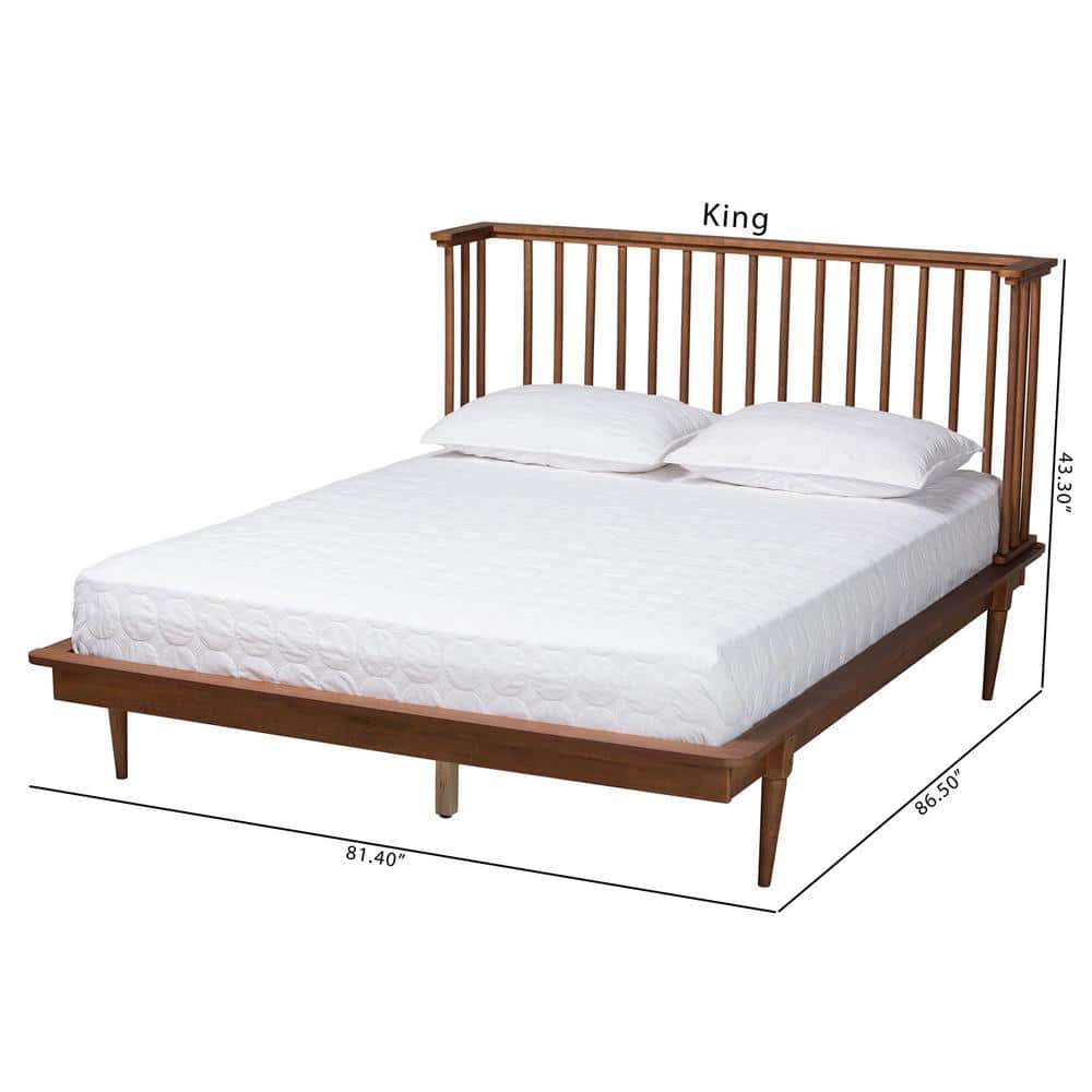 Mid-Century Modern Ash Wood King Platform Bed with Spindle Headboard