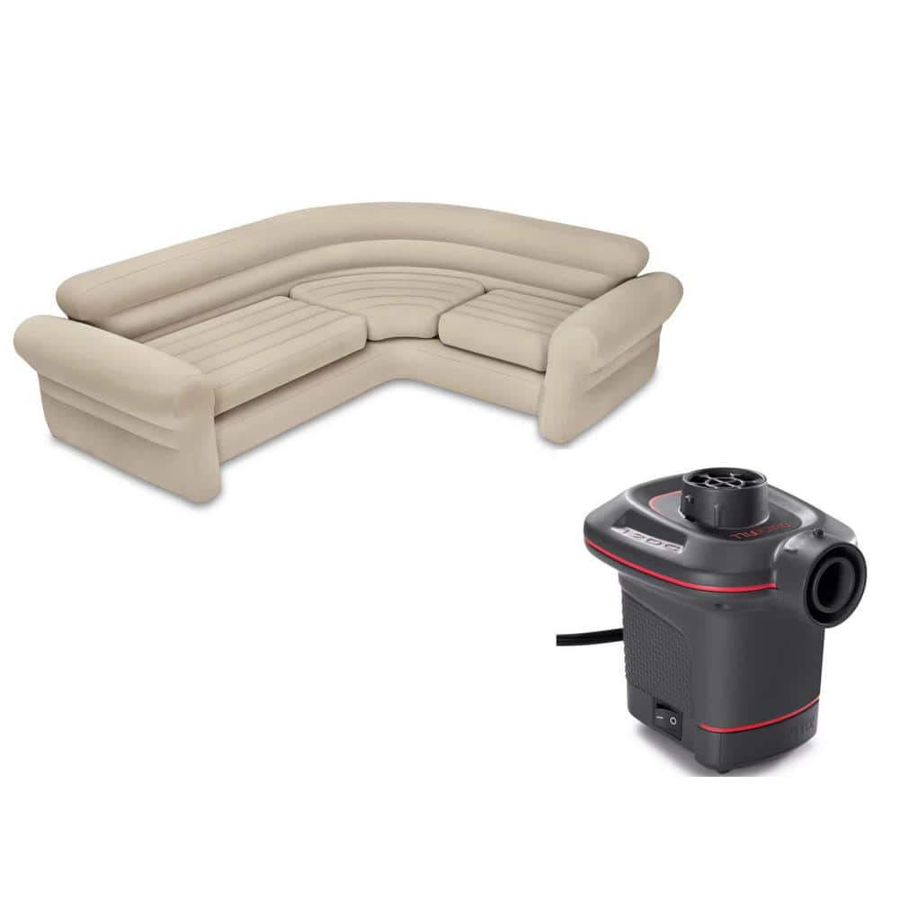 Intex Inflatable 30 in. Thick Corner Sectional Sofa (Full) and 12-Volt Quick-Fill Corded Electric Air Pump -  68575EP+66636E