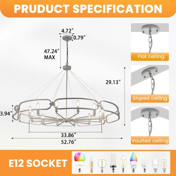 60-Watt 12-Light Silver Pendant Living Room Dimmable Candle Style Wagon Wheel Chandelier, No Bulbs Included