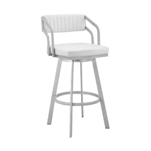 Scranton 40 in. White Low Back Silver Metal 30 in. Swivel Bar Stool with Faux Leather Seat