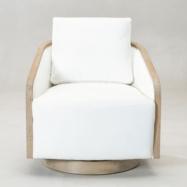 Pearl White Modern Polyester Upholstered Swivel Barrel Armchair with Down Filled Pillow Back