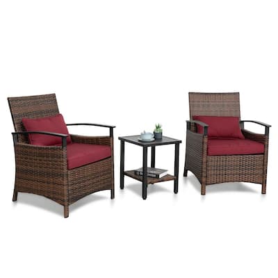 Brown 3-Piece Outdoor Wicker Patio Conversation Set Storage Side Table & Wicker Chairs Set with Claret-red Cushions