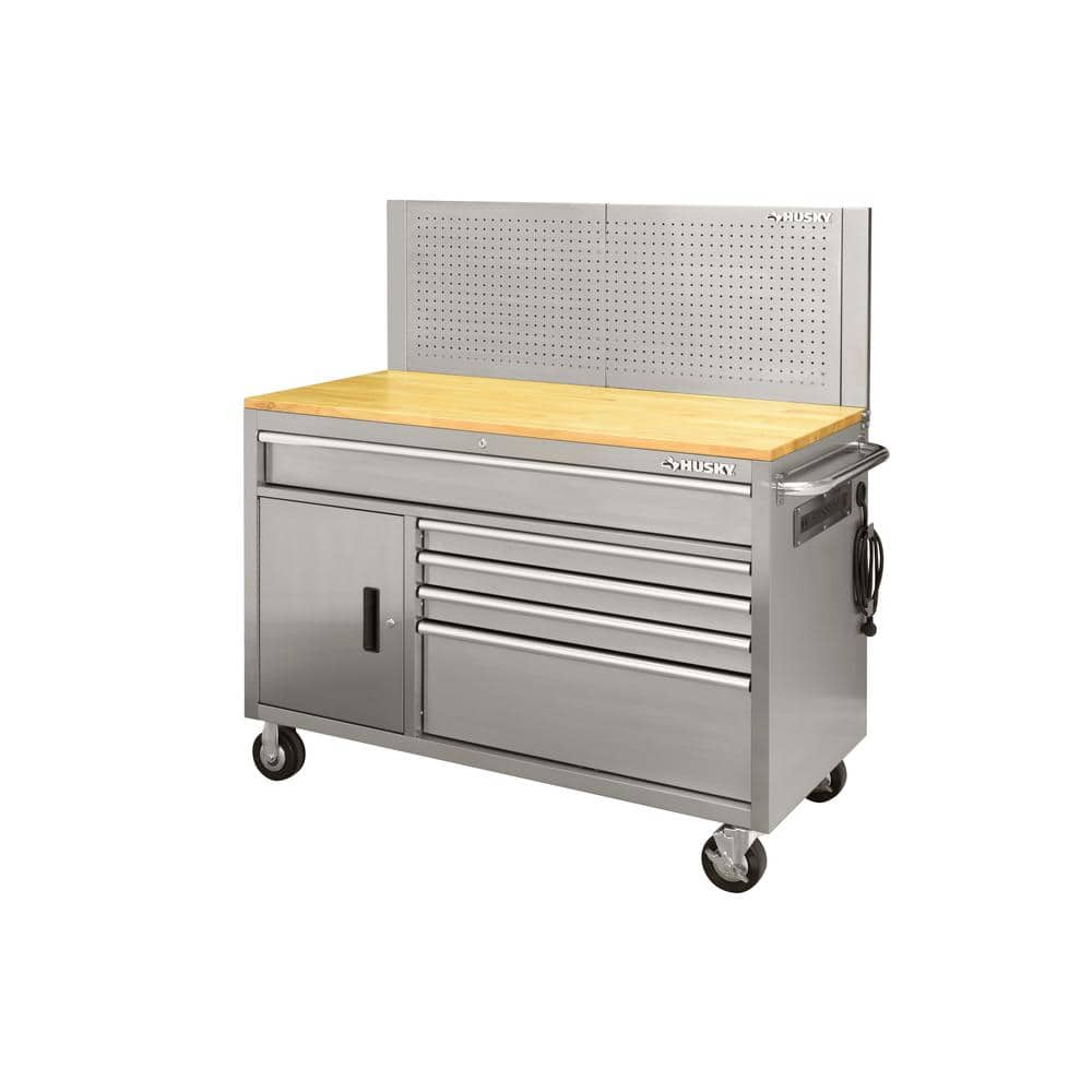 Husky 52 in. W x 24.5 in. D 5-Drawer Standard Duty Mobile Workbench Tool Chest with Solid Top and Pegboard in Stainless Steel, Stainless Steel with Silver Trim -  HOTC5205JX3M