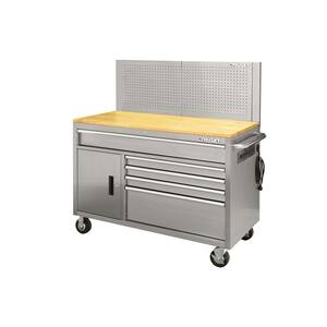 52 in. W x 24.5 in. D 5-Drawer Standard Duty Mobile Workbench Tool Chest with Solid Top and Pegboard in Stainless Steel