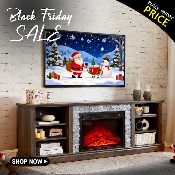 70 in. W Freestanding Wooden with Faux Stacked Stone Surround Large Electric Fireplace TV Stand in Grey